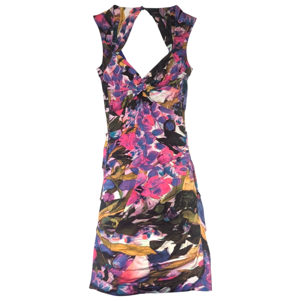 Nicole Miller ARTELIER Saturated Floral Statement Dress V Neck Curvy Fit Ruched